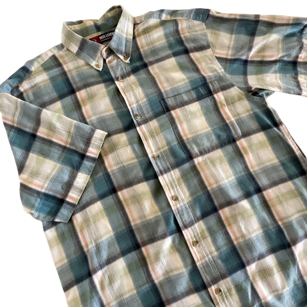 Reel‎ Legends Mens Button Up Short Sleeve Plaid Shirt Teal Green Large